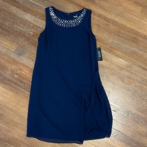 NWT SLNY Navy Beaded Knee Length Dress